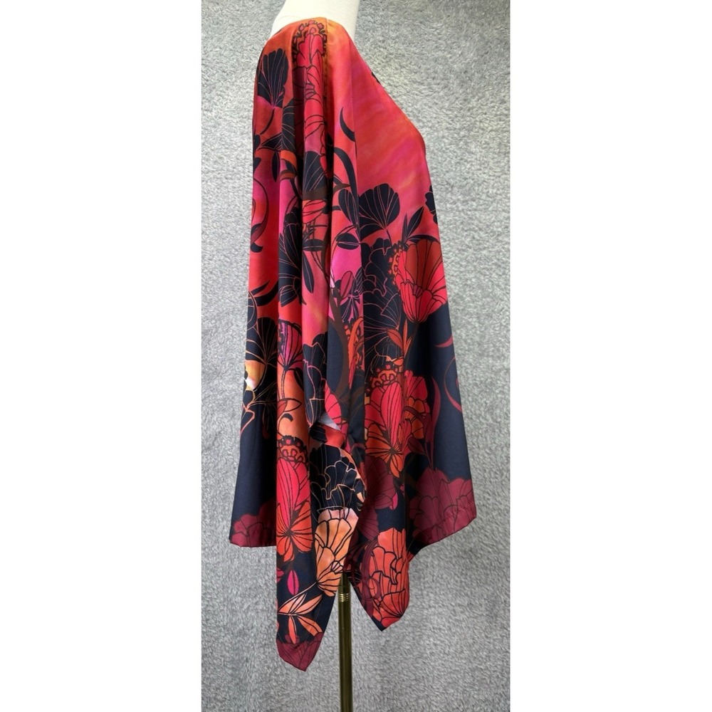 Chico's Red Floral Chiffon Poncho Top Women L/XL Sheer Pullover Boho Overlay - Picture 3 of 10